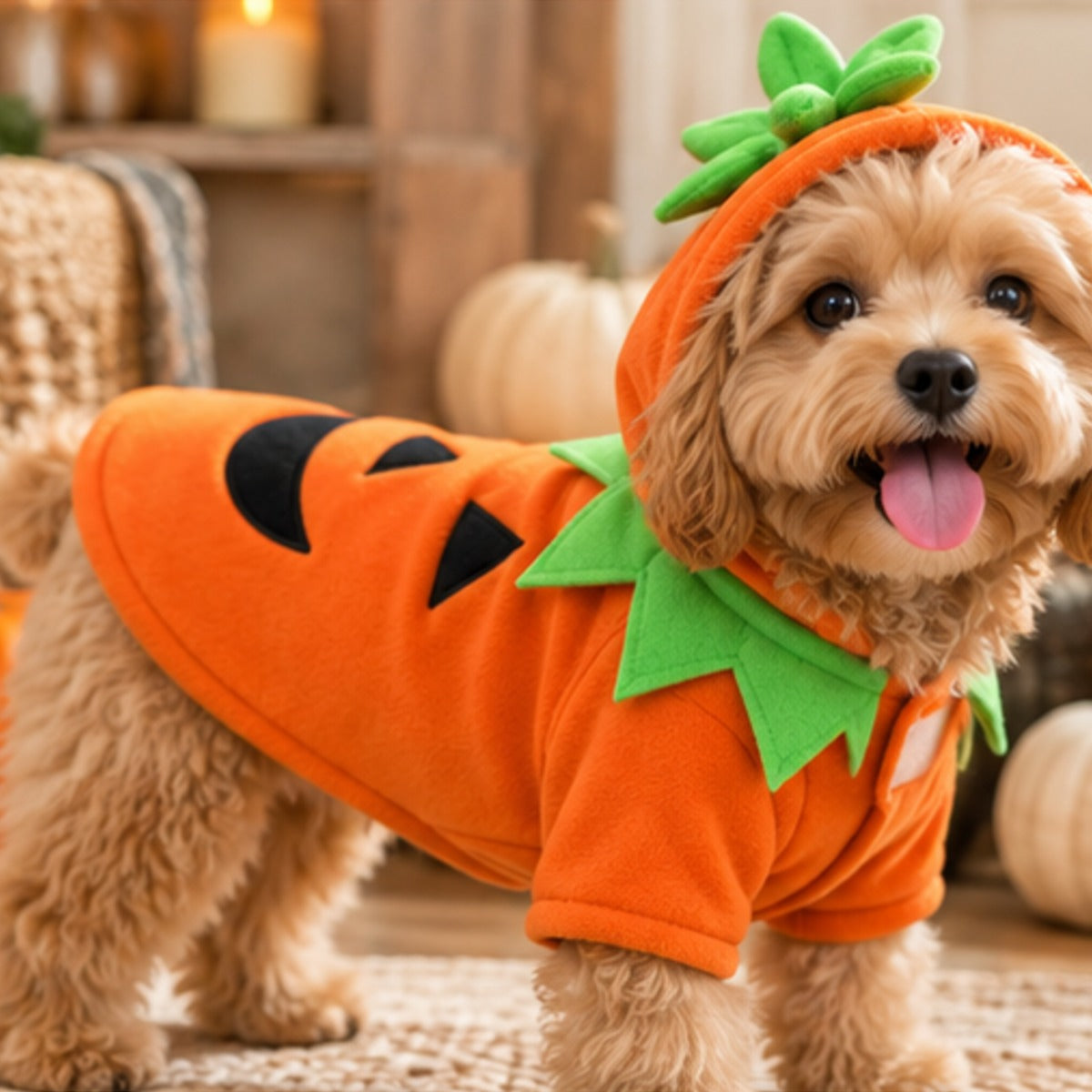 Pumpkin Pet Costume, round pumpkin outfit with a green stalk for dogs and cats (photo 3 of 8)