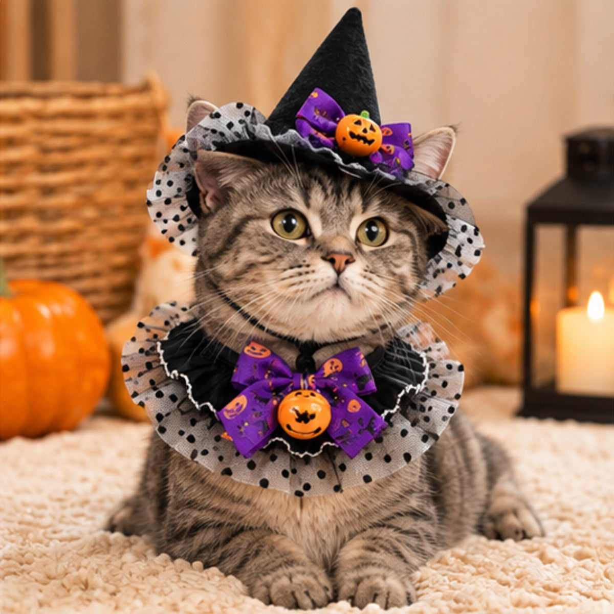Cat Witch Hat & Collar Set, pointed witch hat and ruffled pumpkin collar for cats (photo 1 of 9)