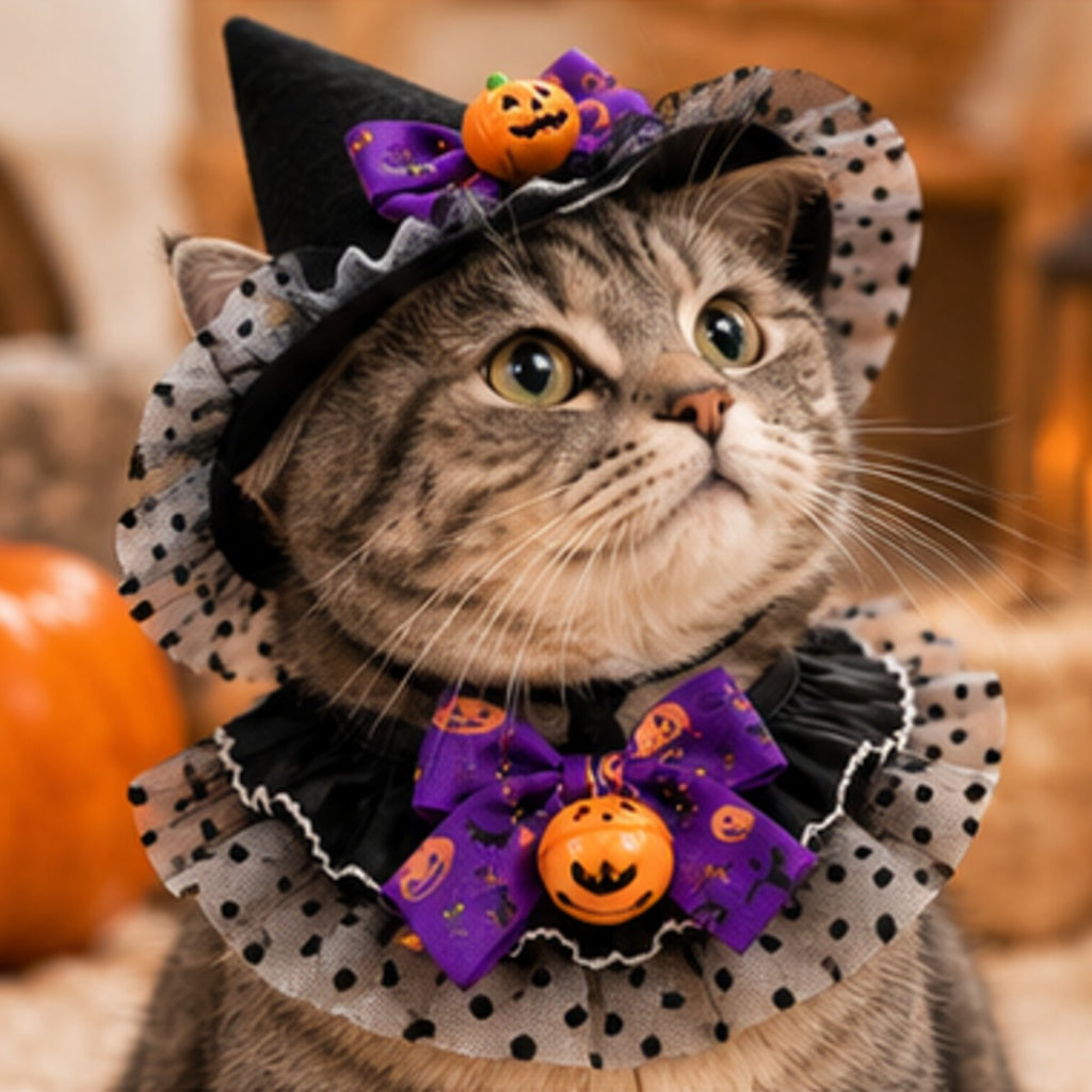 Cat Witch Hat & Collar Set, pointed witch hat and ruffled pumpkin collar for cats (photo 7 of 9)