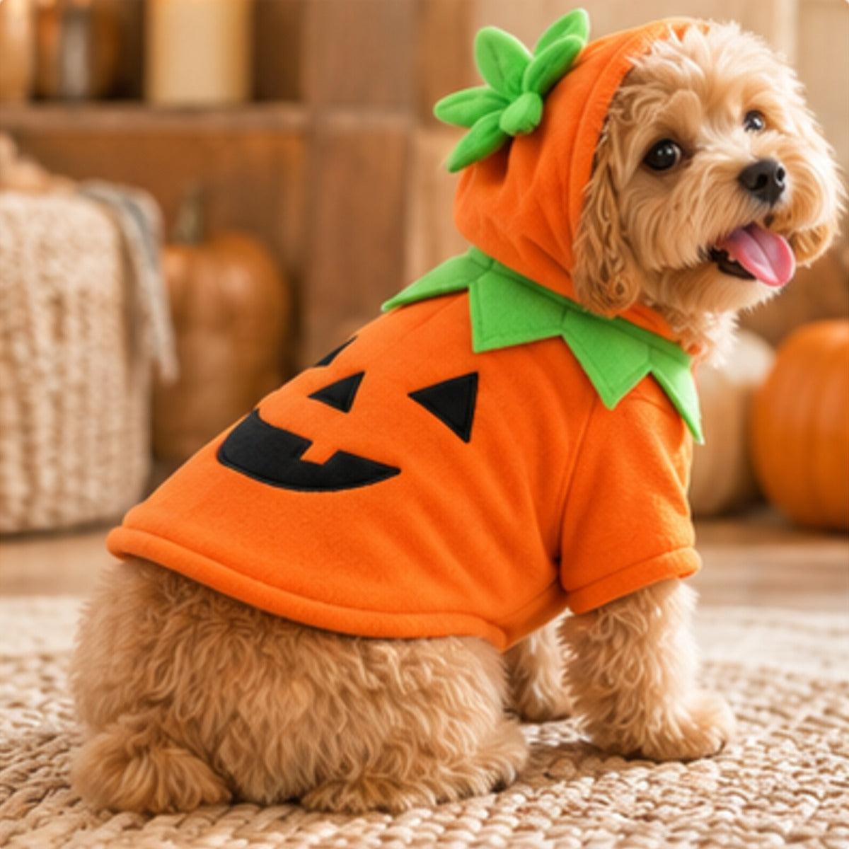 Pumpkin Pet Costume, round pumpkin outfit with a green stalk for dogs and cats (photo 1 of 8)