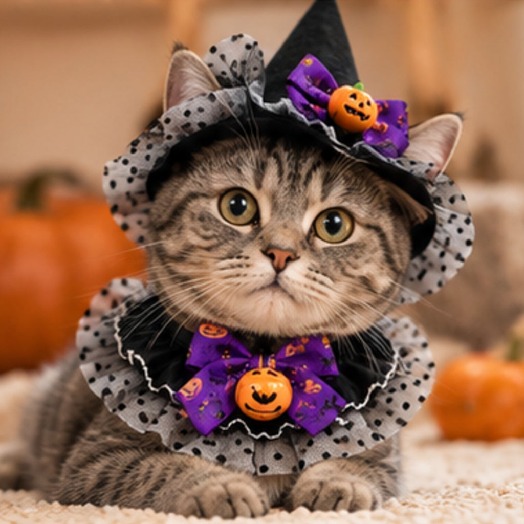 Cat Witch Hat & Collar Set, pointed witch hat and ruffled pumpkin collar for cats (photo 9 of 9)